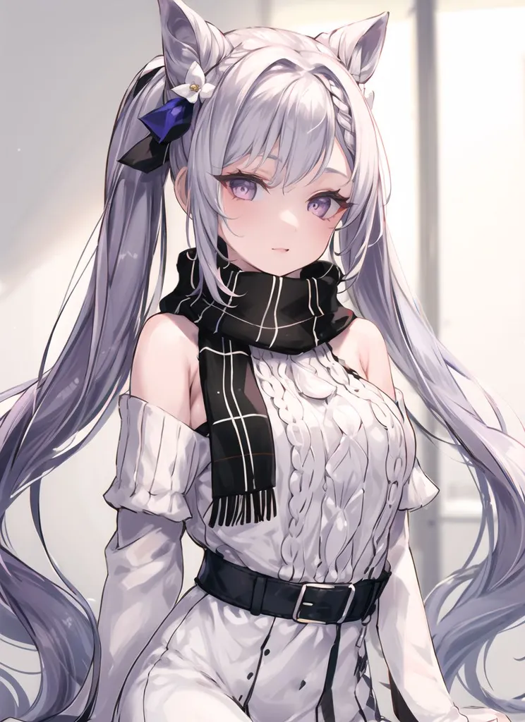 The image is of an anime girl with long silver hair and purple eyes. She is wearing a white and gray sweater with a black belt and a black and white scarf. She also has cat ears and a flower in her hair.