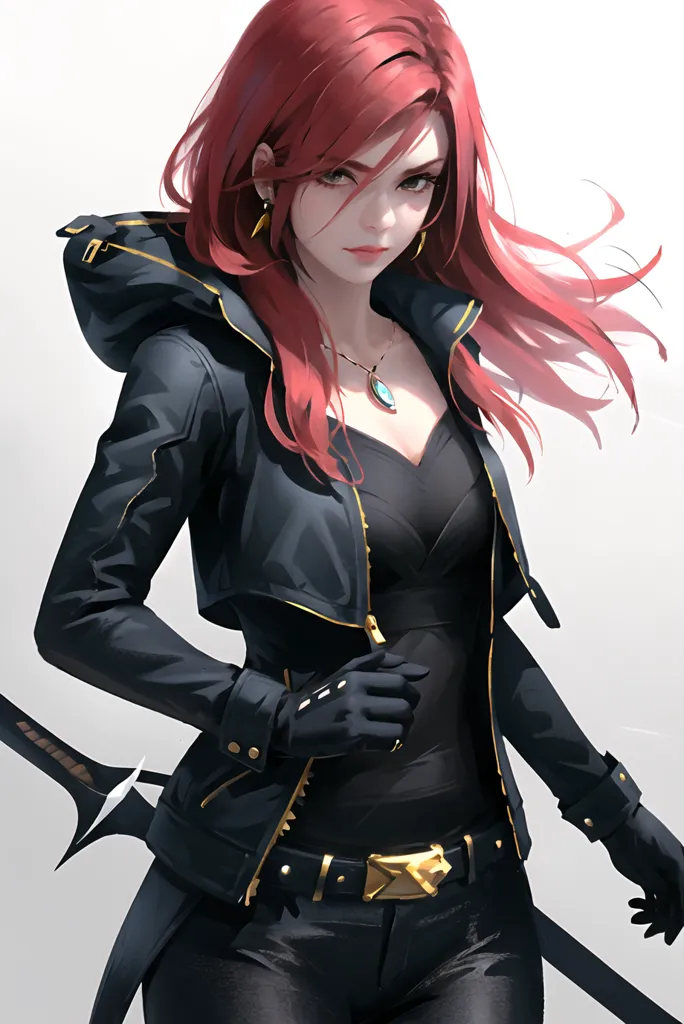 This is an image of a woman with red hair and green eyes. She is wearing a black leather jacket with gold buttons and a black bodysuit. She has a sword on her left hip and is looking at the viewer with a serious expression. She has a pendant around her neck and is wearing black gloves.