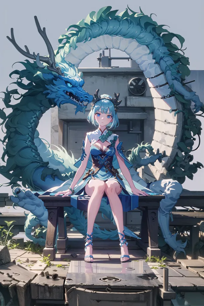 The image is of a blue dragon and a girl. The dragon is behind the girl and has its head resting on her shoulder. The girl is sitting on a stone bench and has her eyes closed. She is wearing a blue and white dress with a white cape. The dragon has blue scales and green eyes. The background is of a stone wall with a large metal door.