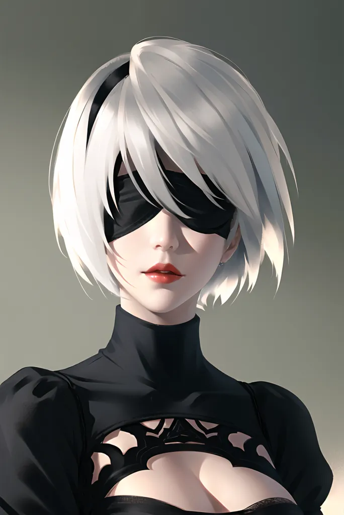 The image is a portrait of a young woman with short white hair and red lips. She is wearing a black turtleneck dress with a cutout at the chest. The woman's eyes are covered by a black blindfold.