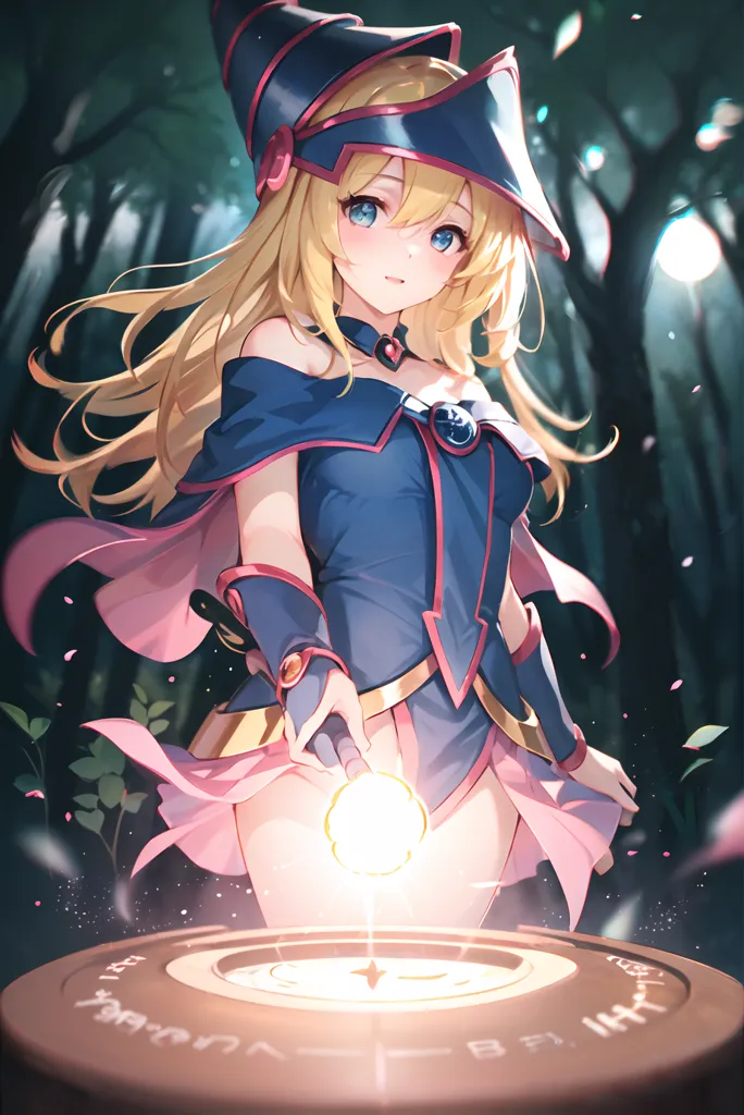 The image is of a young woman with long blonde hair and blue eyes. She is wearing a blue and white bodysuit and a pink skirt. She is also wearing a blue hat with a white brim. She is standing in a forest and there is a glowing orb in front of her.