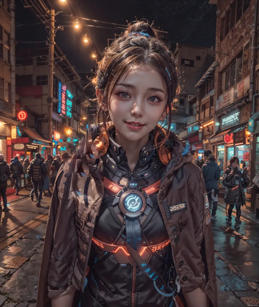 A young woman is standing in a dark alleyway. She is wearing a brown jacket and a black bodysuit. The bodysuit has orange and blue lights on it. She has a device attached to her neck. There are people walking in the background. The image is dark and has a futuristic feel to it.