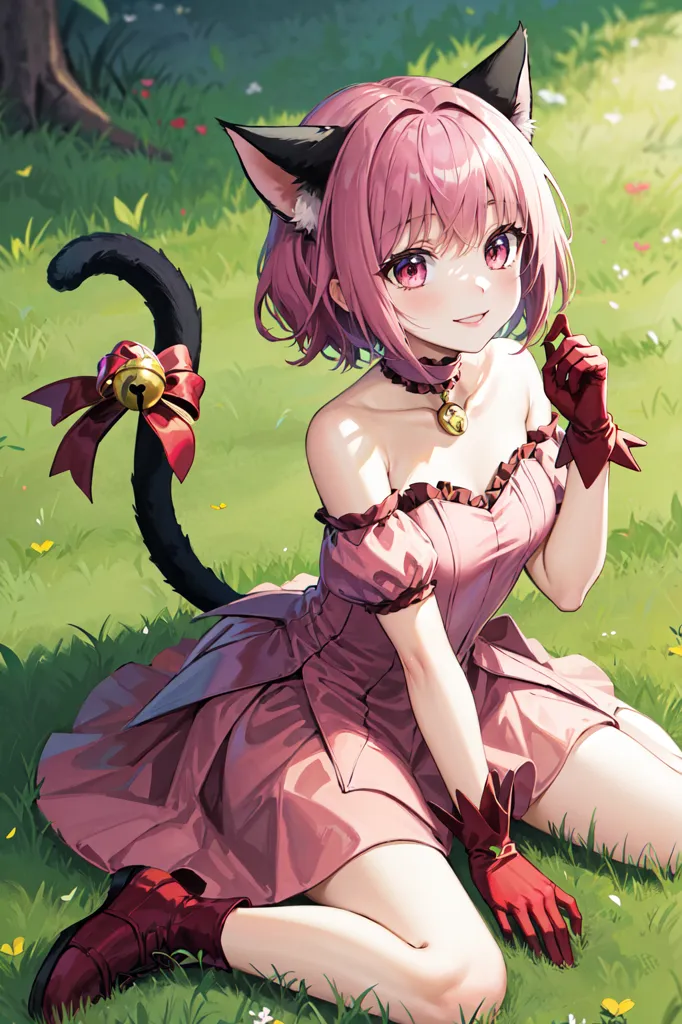 The image is of a young woman with pink hair and cat ears. She is wearing a pink dress with a white collar and red boots. She is sitting on the grass and has a bell on her tail. She is smiling and has her hand on her chest.