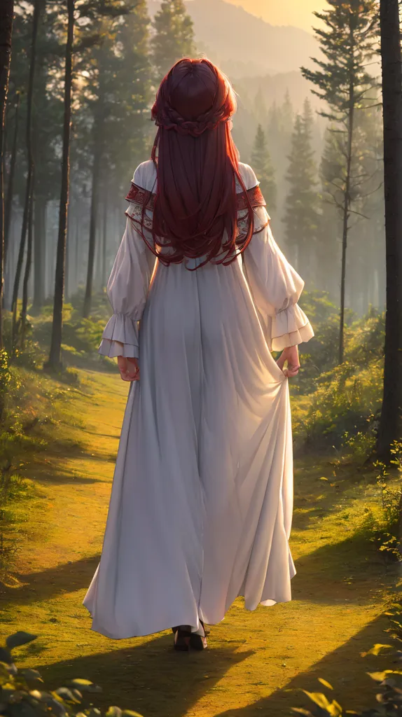 The picture shows a woman in a white dress walking through a dense forest. The woman has long red hair and is wearing a white dress with a red sash. The forest is full of tall trees and green plants. The sun is shining through the trees.