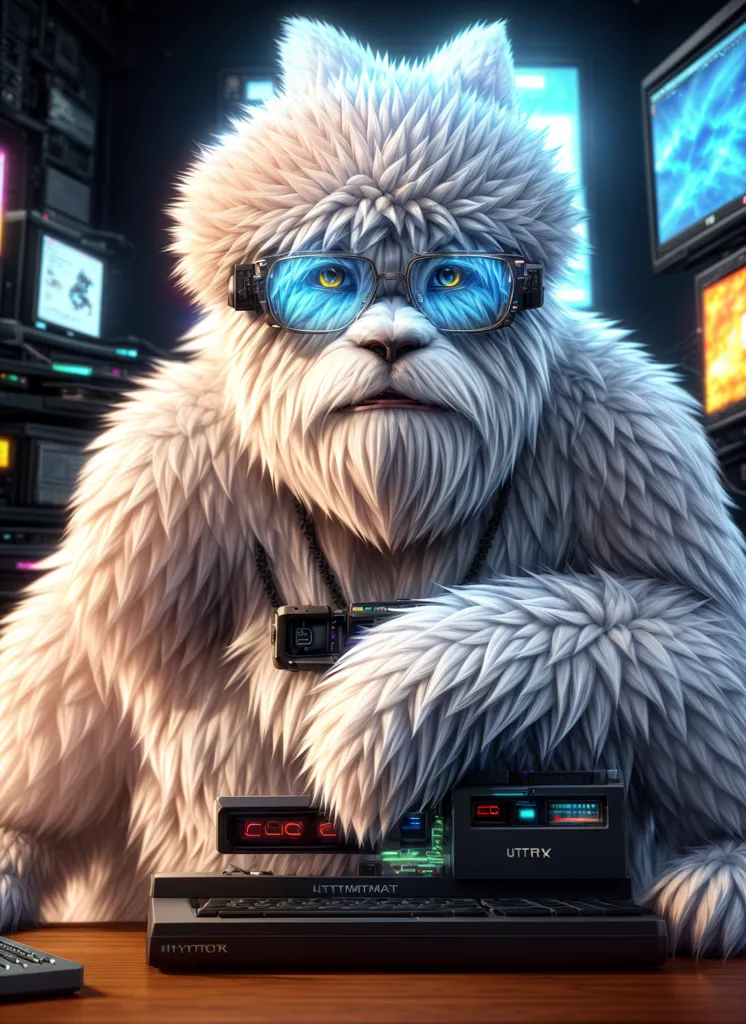 The image shows a yeti wearing glasses and a necklace with a strange device attached to it. The yeti is sitting in front of a desk with a computer on it. There are several monitors behind the yeti, and the yeti is looking at the camera. The yeti is white and has long, shaggy fur. It is wearing a pair of black glasses with blue lenses. The yeti is also wearing a necklace with a strange device attached to it. The device is black and has a red button on it. The yeti is sitting in front of a wooden desk. On the desk is a computer. The computer is black and has a red screen. There are several monitors behind the yeti. The monitors are all black and have different things displayed on them. The yeti is looking at the camera. The yeti has a serious expression on its face.