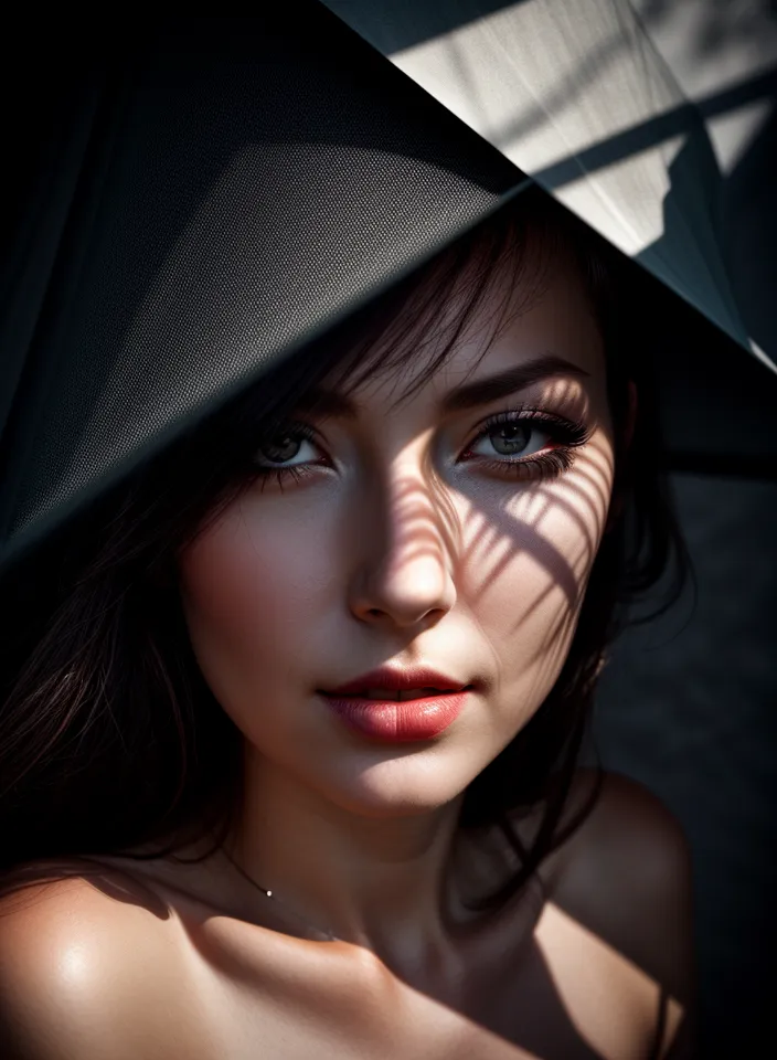 Une belle femme porte un chapeau noir à large bord. Le chapeau projette une ombre sur son visage, créant un effet dramatique. Les yeux de la femme sont sombres et mystérieux, et ses lèvres sont légèrement entrouvertes. Elle porte un collier sombre, et ses cheveux sont longs et ondulants. L'arrière-plan est sombre, ce qui fait ressortir le visage de la femme. L'effet global de l'image est celui de la beauté et du mystère.