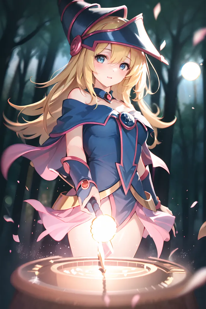 The image is of a young woman with long blonde hair and blue eyes. She is wearing a blue and pink magical girl outfit and a hat with a wide brim. She is standing in a forest, with a large tree behind her. She is holding a staff in her right hand, and there is a small, glowing orb floating above her left hand.