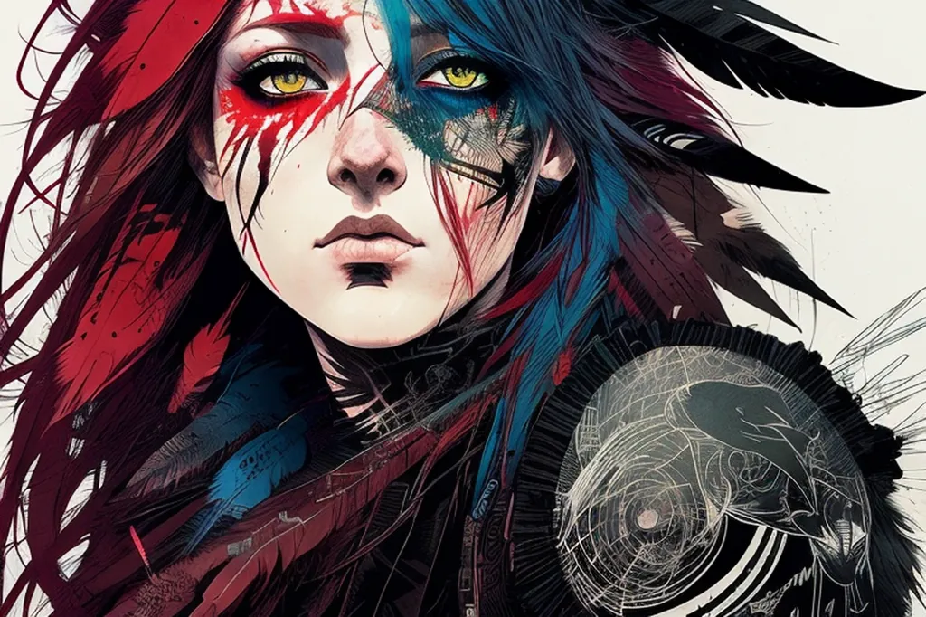 This image is a painting of a woman with red and blue hair. She is wearing a feather headdress and has green eyes. There are blue and red streaks painted on her face. She is wearing a necklace made of bones or feathers. The background is white.