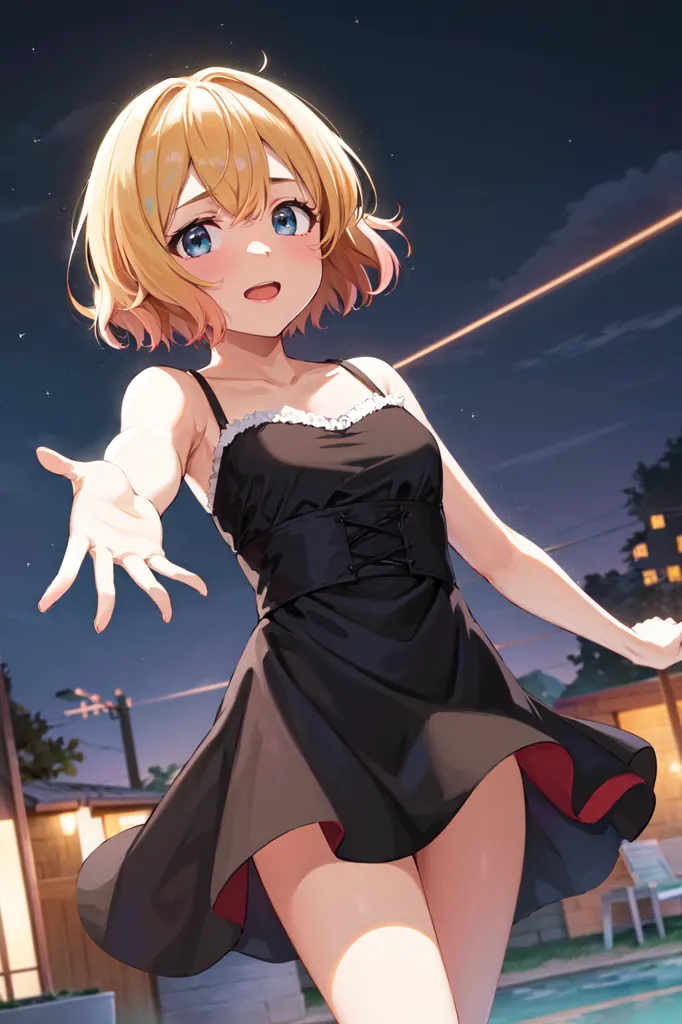 The image shows a young woman with short blonde hair and blue eyes. She is wearing a black dress with a white camisole. The dress is sleeveless and has a sweetheart neckline. The skirt of the dress is flared and has a ruffled hem. She is barefoot and her hair is down. She is standing in a courtyard at night. There are trees and a building in the background. The sky is dark and there are stars in the sky. The woman is smiling and has her hand outstretched.