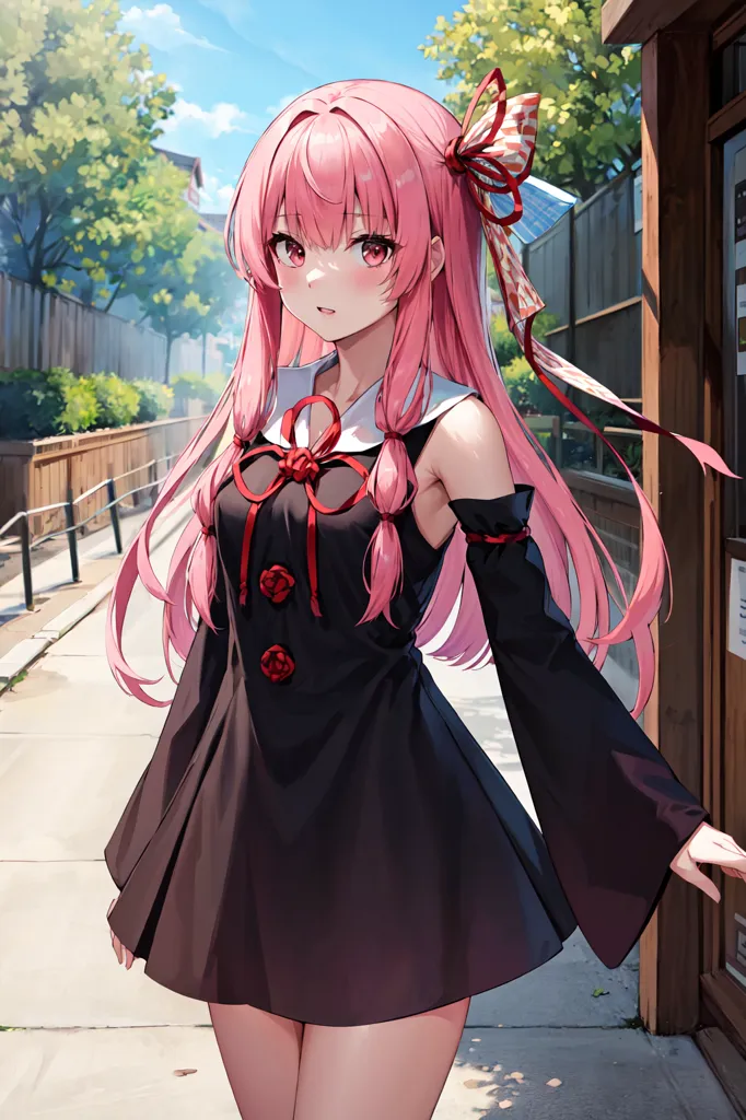 The image is an anime-style drawing of a girl with pink hair and red eyes. She is wearing a black dress with a white collar and a red ribbon in her hair. She is standing in a street with a traditional Japanese house in the background. The sky is blue and there are some trees in the background.