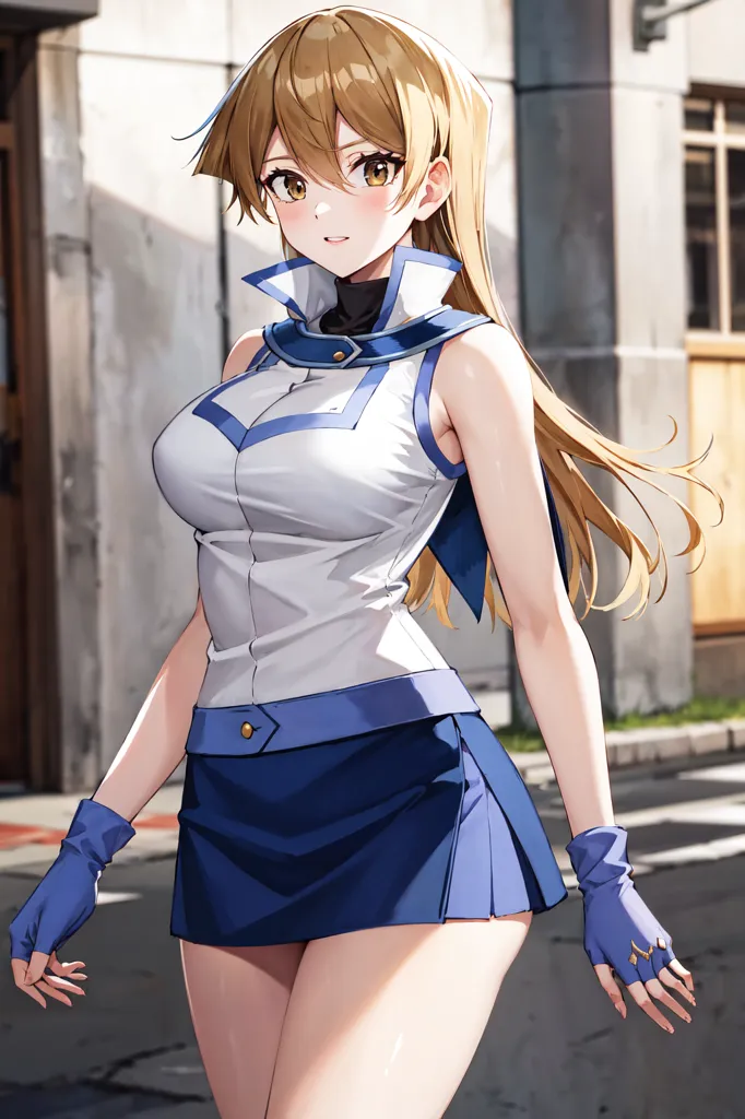 A imagem mostra uma jovem mulher, aparentemente uma adolescente, com cabelos longos e ondulados castanhos e olhos amarelos. Ela está usando um uniforme branco e azul que consiste em uma parte superior sem mangas com um colarinho alto e uma saia plissada. Ela também está usando um par de luvas pretas. O fundo da imagem está desfocado, mas parece que ela está em uma cidade. A garota tem uma expressão confiante no rosto e parece estar caminhando em direção ao espectador.