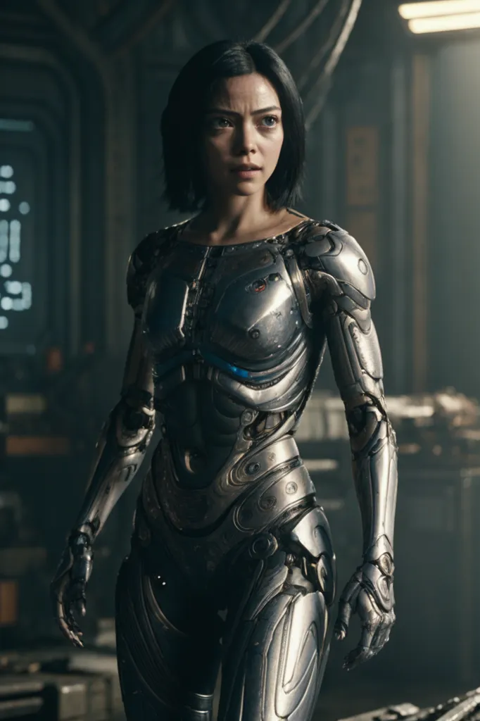 The image shows a female robot with a human-like body. She has black hair and brown eyes. She is wearing a silver-colored metal suit of armor. The suit of armor has a blue light in the center of the chest. She is standing in a dark room. There are some machines and tools in the background.