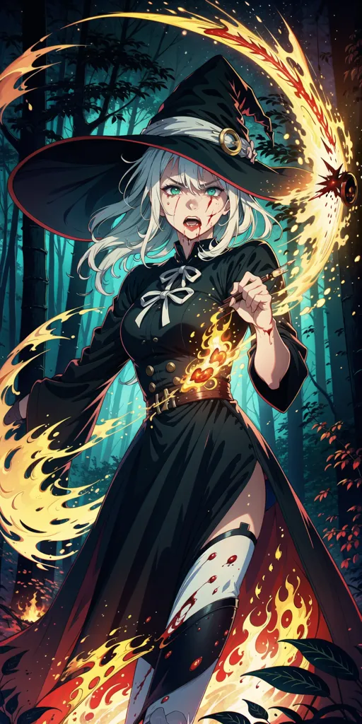 The image is of a young woman dressed as a witch. She is standing in a forest, surrounded by trees. She is wearing a black dress with a white collar and a black hat. She has long white hair and red eyes. She is holding a staff in her right hand, and there is a fire burning in her left hand. She has a determined expression on her face, and it looks like she is about to cast a spell.