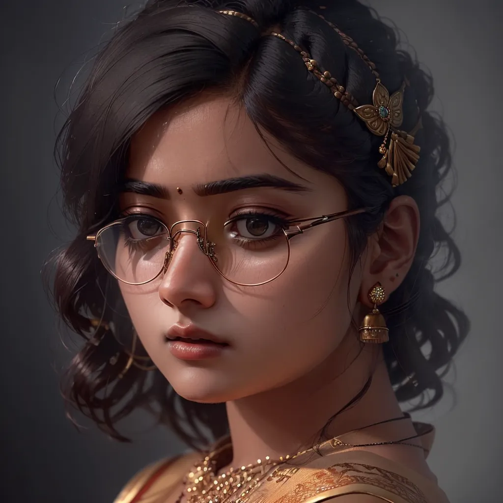 The image shows a young Indian woman with dark brown hair and brown eyes. She is wearing glasses, a nose ring, and a traditional Indian gold necklace. There is a decorative gold piece in her hair on the right side of her head. She is wearing a white and gold sari with a red bindi on her forehead. The background is a dark brown.