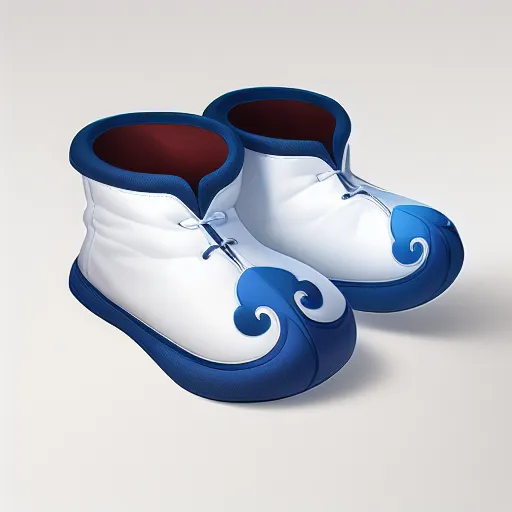 The image is of a pair of blue and white boots. The boots are made of a soft material and have a fur lining. The toes of the boots are upturned and the soles are flat. The boots are decorated with a blue and white pattern.