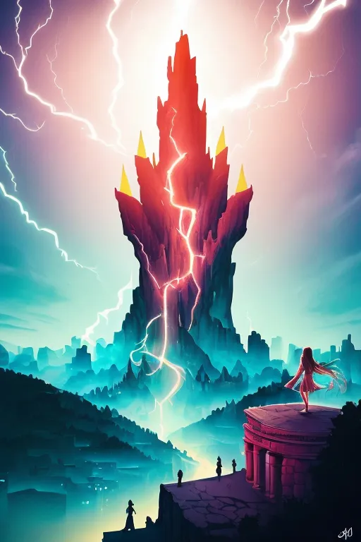 The image is of a tall, red tower with lightning striking it. The tower is in the middle of a city, and there are people on the ground looking at it. The sky is dark and stormy.