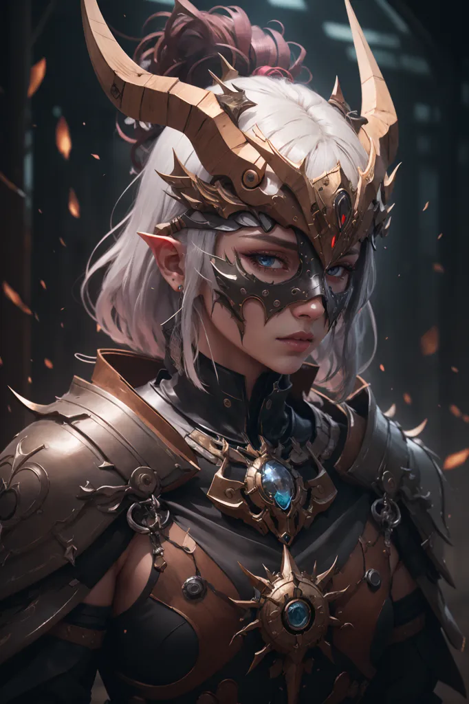 The image is of a female warrior with white hair and golden eyes. She is wearing a suit of armor and a mask that covers her mouth and nose. Her hair is tied back in a ponytail and she has a red gem in her forehead. She is standing in a dark room and there is a fire burning in the background.