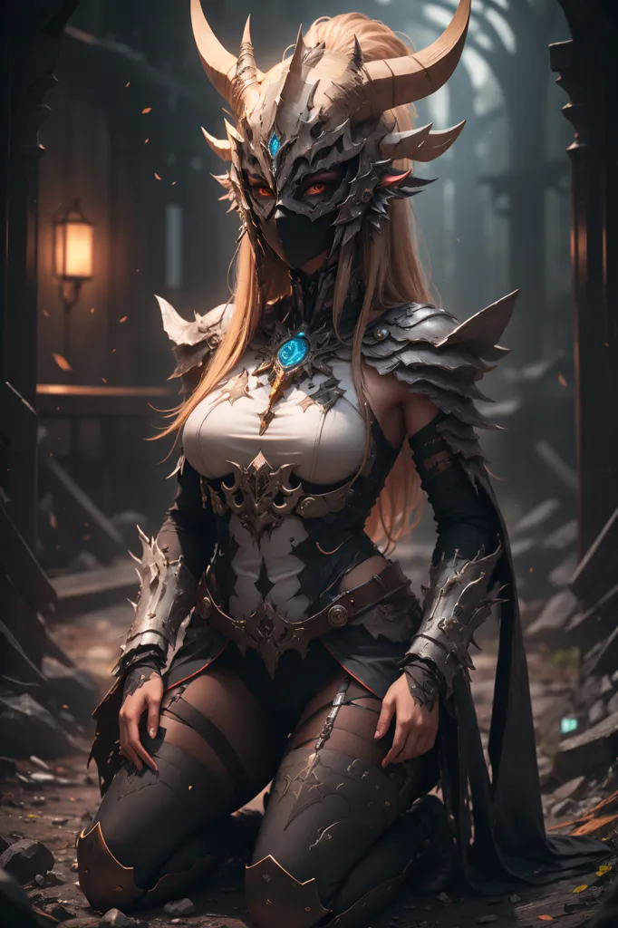 The image is of a woman kneeling on the ground. She is wearing a white bodysuit and silver and gray armor. She has long blond hair and blue eyes. She is also wearing a mask that covers her nose and mouth. The background is dark and there is a light source on the left side of the image.