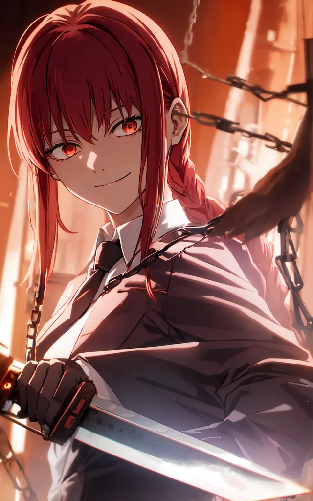 This image is of a young woman with red hair and red eyes. She is wearing a white dress shirt, black suit jacket, and black tie. She is also wearing a glove on her right hand and is holding a sword in her right hand. There are chains in the background.