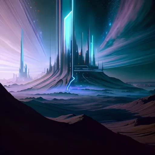 The image is a depiction of a futuristic city. The city is built on a series of tall, thin towers that are connected by bridges and walkways. The towers are made of glass and metal and are illuminated by bright lights. The city is surrounded by a desert landscape. There are no people visible in the image.