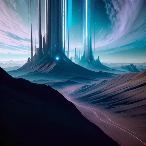 The image is set in a vast, alien landscape. There are tall, blue-grey towers in the distance, and a road leading towards them. The sky is dark, and there are clouds in the distance. The ground is covered in sand and rocks.