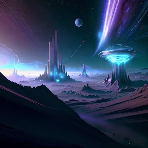 The image is set in a desert landscape with a large moon in the background. There are several tall buildings in the distance. A large, glowing spaceship is hovering above the ground. There is a beam of light coming from the spaceship. There are two planets in the sky. The ground is covered in sand and there are some rocks and mountains in the background. The image is in a purple and blue color scheme.