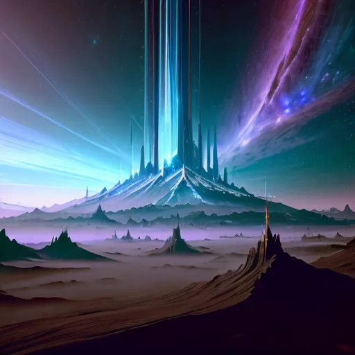 The image is set on a distant planet with a towering mountain in the center. The mountain is surrounded by a glowing blue mist and is topped with a shining city. The sky is dark, but is lit up by the city's lights and the mist. The ground is covered in sand and rocks. There are two large rock formations in the foreground on the left and right sides of the image.