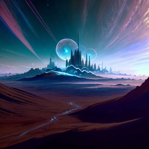 The image is of a futuristic city on a desert planet. The city is surrounded by tall mountains and there is a river running through the middle of it. The sky is dark and there are two moons in the sky. The city is lit up by blue and purple lights. There are a lot of details in the image and it is very realistic.