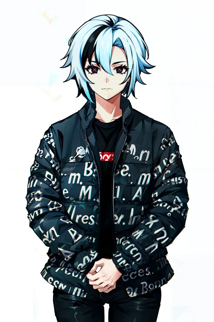 This is an image of a young man with white and blue hair. His left eye is red and his right eye is purple. He is wearing a black jacket with white and red writing all over it. The jacket has a large collar and is zipped up. He is also wearing a black shirt and black pants. His hands are clasped in front of him. He has a neutral expression on his face.