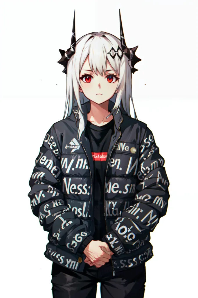 The image is of an anime girl with white hair and red eyes. She is wearing a black jacket with white and red accents. The jacket has the word "Drip" written on it multiple times. She is also wearing a black shirt and black pants. She has devil horns on her head and her hands are in her pockets.