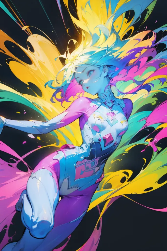 This is an image of a woman in a colorful bodysuit. She has long, flowing hair that is also very colorful. She is surrounded by splashes of paint, and she has a determined look on her face. She seems to be in the middle of a fight, and she is using her powers to defeat her opponents. The background is dark, which makes her stand out even more.