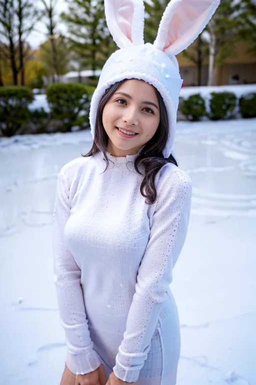 The image shows a young woman wearing a white bunny hat and a white dress. The hat has long, floppy ears and is trimmed with pink. The dress is long-sleeved and has a high collar. The woman is standing in a snowy forest. She has long, dark hair and brown eyes. She is smiling at the camera and looks happy and carefree.