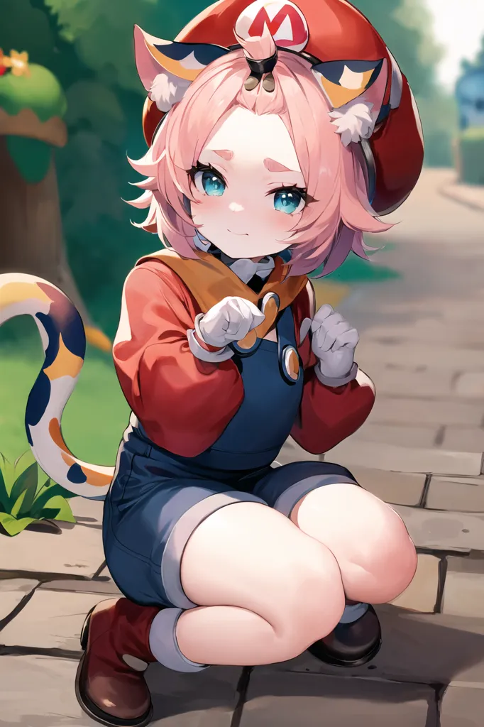 The image is of a young girl with pink hair and cat ears. She is wearing a red cap, a blue shirt, and brown shoes. She is kneeling on the ground and looking at the viewer with a curious expression on her face. She has a cat tail with white, orange, and black.