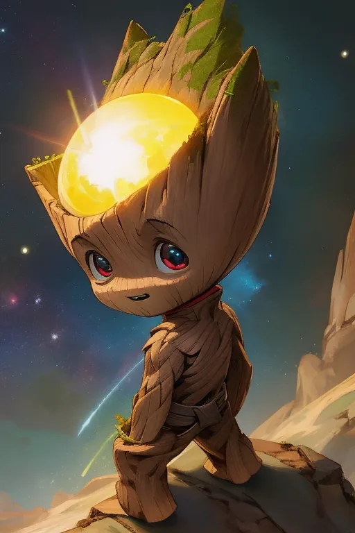 This image shows a baby Groot from Guardians of the Galaxy. He is standing on a cliff with a large yellow sun behind him. He has a small green plant growing out of his head and he is looking towards the sky.