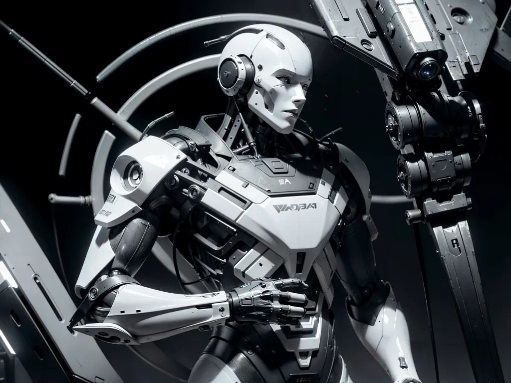 The image is a black-and-white rendering of a robot. The robot has a feminine figure and is wearing a skin-tight suit with various technological gadgets and wires visible. The robot's face has a human-like appearance, with a prominent chin and a pair of almond-shaped eyes. The robot is standing in a determined pose, with its right hand resting on its hip and its left hand clenched into a fist. The background of the image is a dark, nondescript space with a few blurry shapes that may be other robots