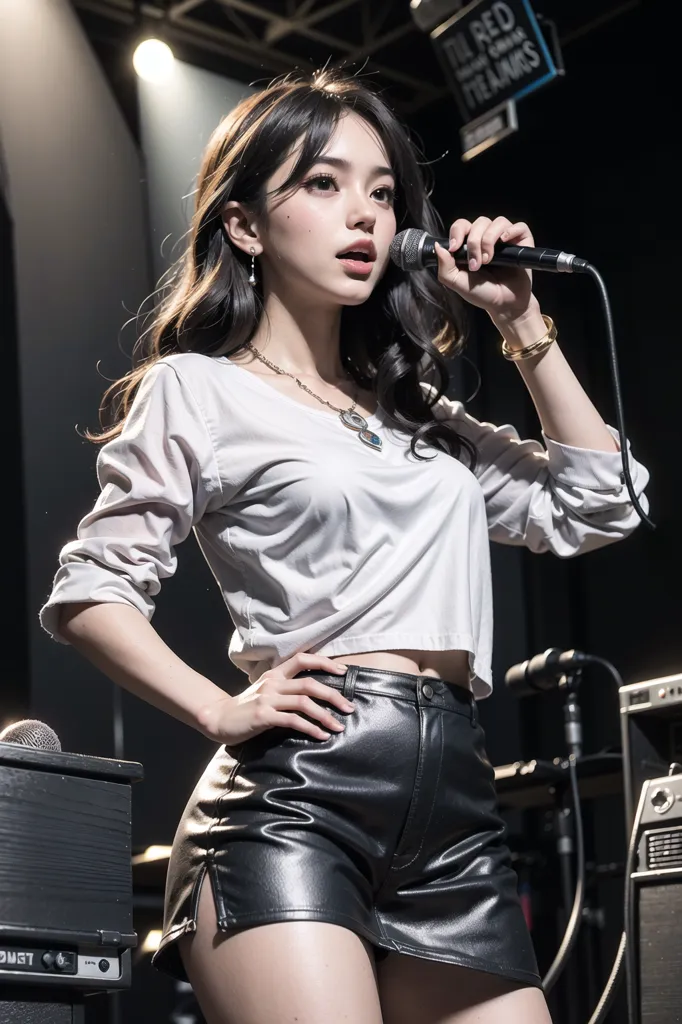 The image shows a young woman with long dark hair, wearing a white cropped t-shirt and black leather shorts. She is standing on a stage, holding a microphone in her right hand and has her left hand on her hip. She is looking at the audience with a confident expression. There is a spotlight shining on her. There are also musical instruments and amplifiers on the stage.