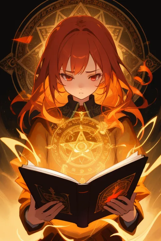 This is an image of a young woman with long red hair. She is wearing a brown robe with a white collar. She is holding a large book open in front of her. The book is glowing, and there are magical symbols floating around her. The background is dark, with a glowing orange circle behind her.