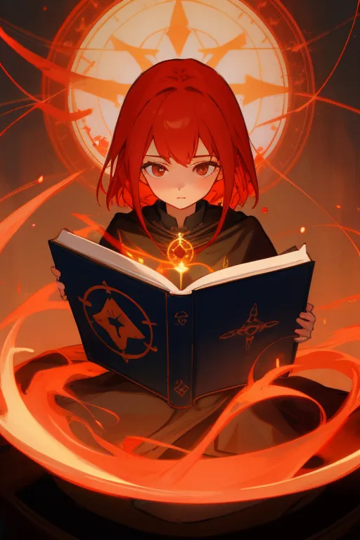 Esta es una imagen de una niña joven con cabello rojo brillante. Ella está usando un atuendo de color oscuro con adornos dorados. Está sentada en una losa de piedra con un libro grande frente a ella. El libro está abierto y ella lo está mirando. El fondo es oscuro con un gran círculo rojo brillante detrás de ella. También hay llamas rojas que salen del libro.