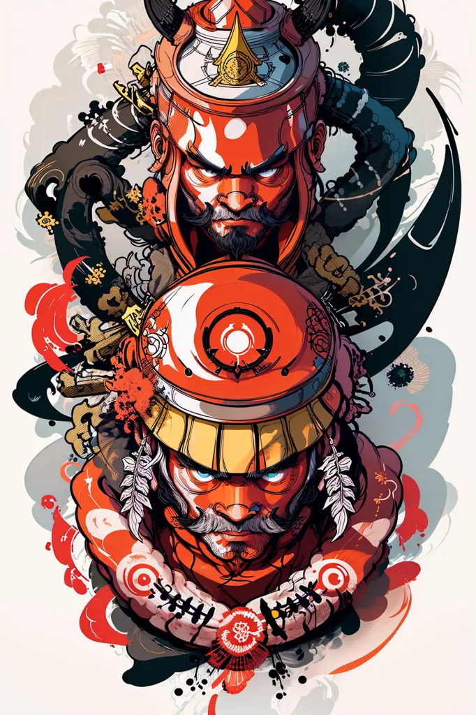 The image is a colorful illustration of two samurai warriors. The samurai are both wearing red armor and have their faces painted with white and red stripes. They are standing back to back, and each of them is holding a sword. The background is a swirling mass of red and black clouds.