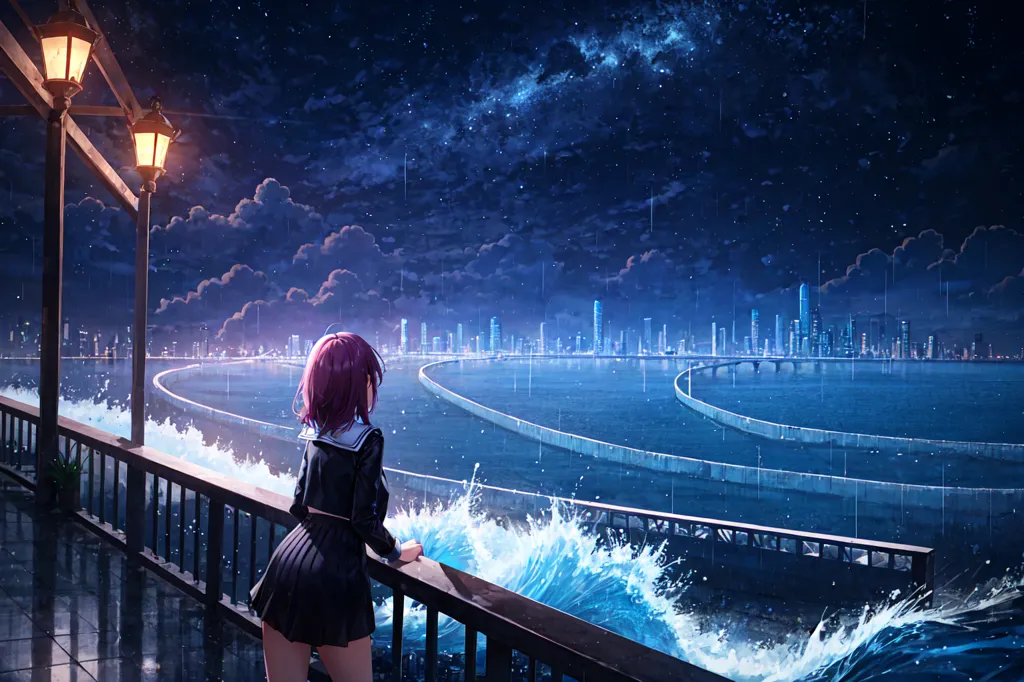 The image is a night scene of a futuristic city. A girl with pink hair is standing on a bridge, looking out at the city. The city is full of tall buildings and bright lights. The sky is dark and cloudy, and the water below is rough. The girl is wearing a school uniform. She has her hands on the railing of the bridge, and she is looking out at the city with a pensive expression. The image is full of detail, and the artist has used a variety of techniques to create a realistic and immersive scene.