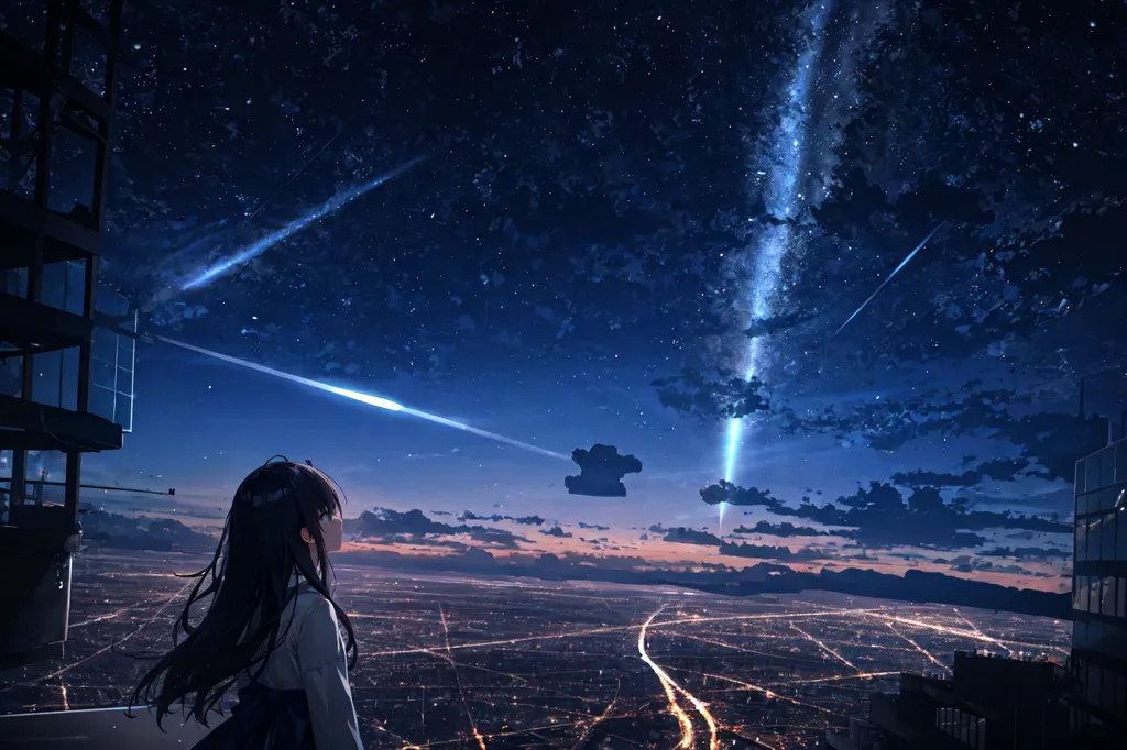 この画像は、夜の屋上に立つ少女を描いたものです。彼女は空を見上げており、星空には流れ星が見えます。背景には街の明かりが見えます。この画像は写実的なスタイルで描かれており、色彩は鮮やかで濃密です。少女は白いシャツと黒いスカートを着ており、長い黒髪と茶色の瞳を持っています。彼女は屋上の縁に立ち、両腕を広げています。彼女は空を見上げ、驚きの表情を浮かべています。流れ星は光の筋を描いています。遠くの街は光の霞に包まれています。この画像は感情に満ちており、夜空の美しさを捉えています。