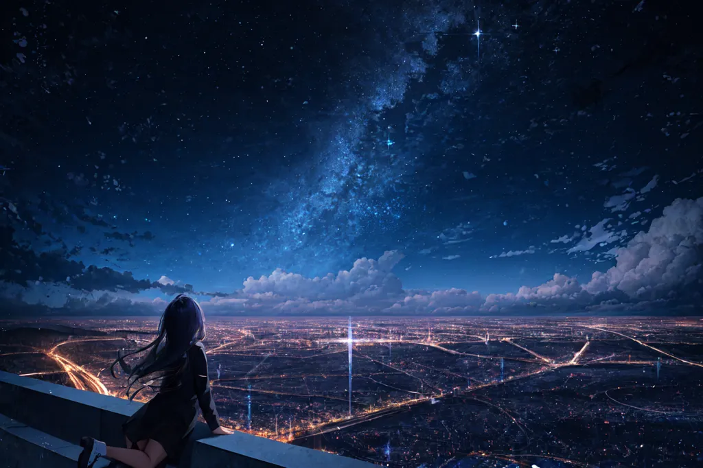 The image is a beautiful night sky over a city. The sky is dark blue and filled with stars. The city is in the distance and is lit up by lights. There is a girl with long black hair sitting on a rooftop in the foreground. She is wearing a black dress and is looking out at the view.