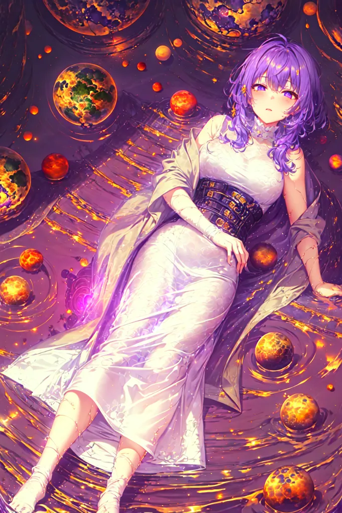 L'image est une peinture d'une belle fille d'anime aux cheveux violets et aux yeux violets. Elle porte une robe blanche avec un corset. Elle est allongée sur un lit de planètes. Les planètes sont de différentes couleurs et tailles. L'arrière-plan est de couleur violet foncé. La fille regarde le spectateur avec une expression triste sur le visage.