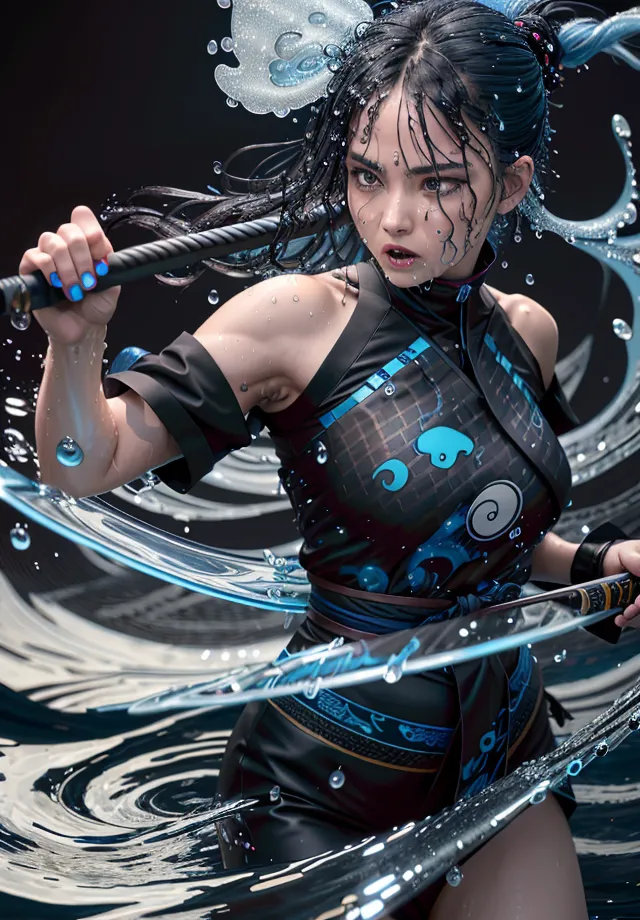 The picture shows a young woman in a black and blue outfit, with long black hair and blue eyes. She is standing in a pool of water, with water droplets splashing around her. She is holding a sword in her right hand and is looking to the left with an intense expression. She is wearing a blue and white headband and has a blue gem embedded in her forehead.