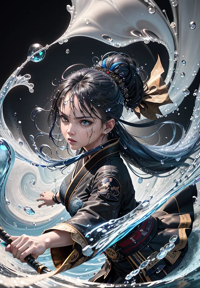 The image is of a young woman in a black kimono with blue and white accents. She has long black hair and blue eyes. She is standing in a dynamic pose, with her right hand outstretched and her left hand holding a sword. She is surrounded by water, which is depicted in a very stylized way, almost like ribbons flowing around her. The background is dark, with a few splashes of light blue.