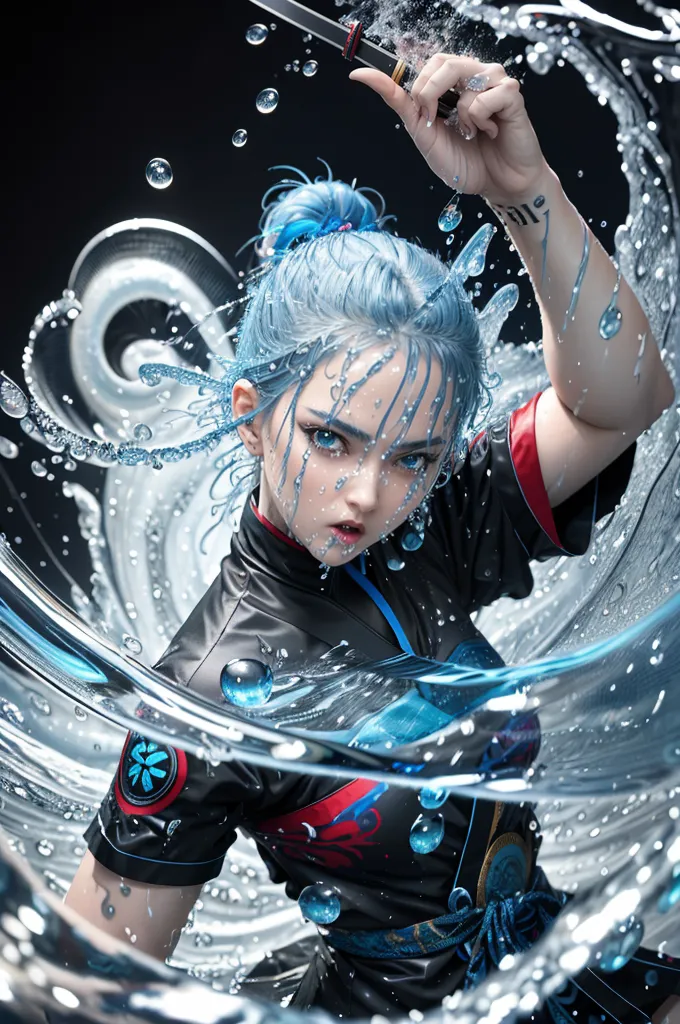 The image is a depiction of a young woman with blue hair and eyes. She is wearing a black and red outfit and is surrounded by water. The water is depicted as a series of blue and white circles, and it appears to be moving in a circular motion. The woman is holding a sword in her right hand, and she has a determined expression on her face. The background of the image is black, and there is a small amount of light reflecting off of the woman's hair and skin.