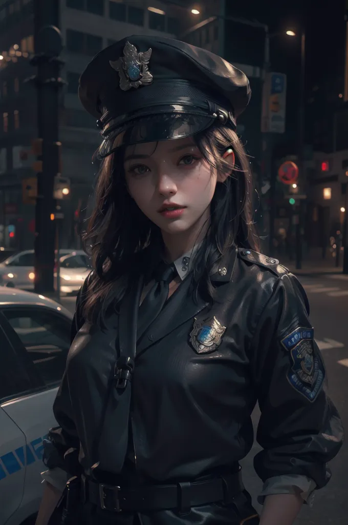 A young woman with long dark hair is wearing a police uniform. She has a cap on her head, a badge on her chest, and a gun on her belt. She is standing in a dark place, probably at night. There are cars parked behind her.