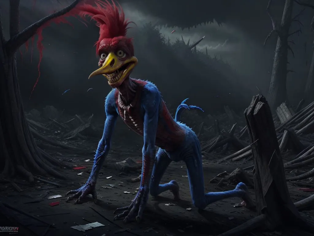 L'image est une version sombre et torturée de Woody Woodpecker, un personnage de dessin animé classique. Il est dépeint comme une créature déformée et mutante avec un corps humain et une tête de pic. Ses plumes sont emmêlées et ensanglantées, et ses yeux sont grands ouverts et fous. Il est entouré d'un paysage post-apocalyptique, avec des arbres morts et des décombres partout. L'image est à la fois effrayante et troublante, et elle sert de rappel que même les personnages les plus aimés peuvent être corrompus par les ténèbres.