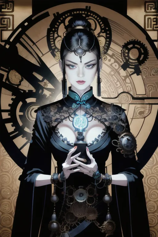 The image is a steampunk portrait of a young woman. She is wearing a black cheongsam with intricate white lace overlay and gold and silver filigree. Her hair is pulled back into a bun and she is wearing a traditional Chinese headdress. She has a clockwork heart and is holding a steampunk smartphone. The background is a golden clockwork pattern.