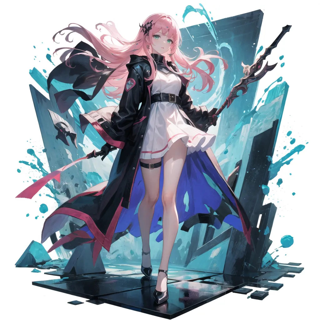 A imagem é de uma garota de anime com cabelo rosa. Ela está usando um vestido branco com um casaco preto e botas pretas. Ela também está usando um cinto azul com uma fivela vermelha. Ela está segurando uma espada grande na mão direita. Ela está em pé em uma plataforma de vidro quebrado. Há água respingando ao redor dela. No fundo, há grandes cristais azuis e pretos.